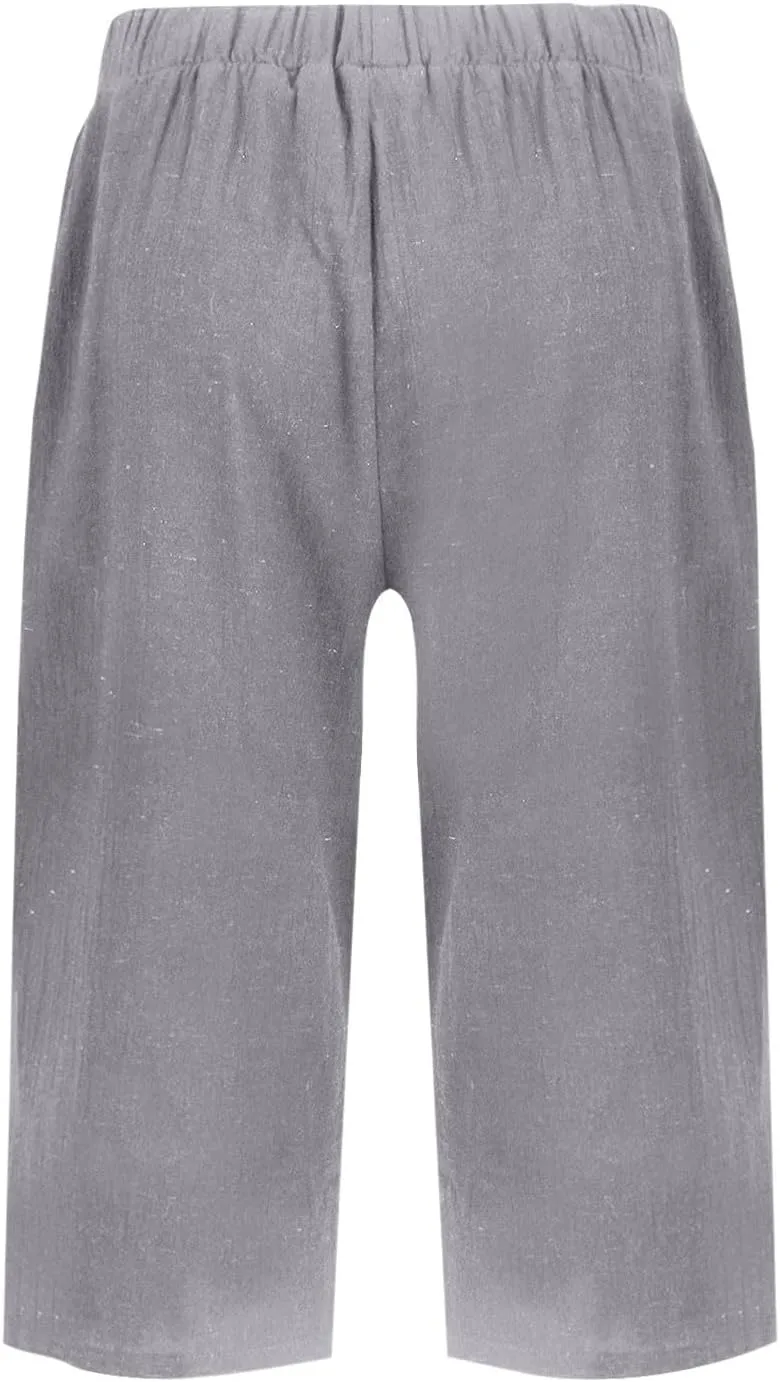 Pedal Pushers for Women Pull On Cotton Linen Bermuda Shorts Knee Length Casual Lightweight Capri Pants with Pocket