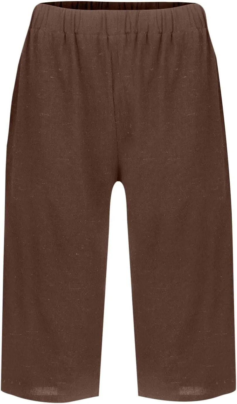 Pedal Pushers for Women Pull On Cotton Linen Bermuda Shorts Knee Length Casual Lightweight Capri Pants with Pocket