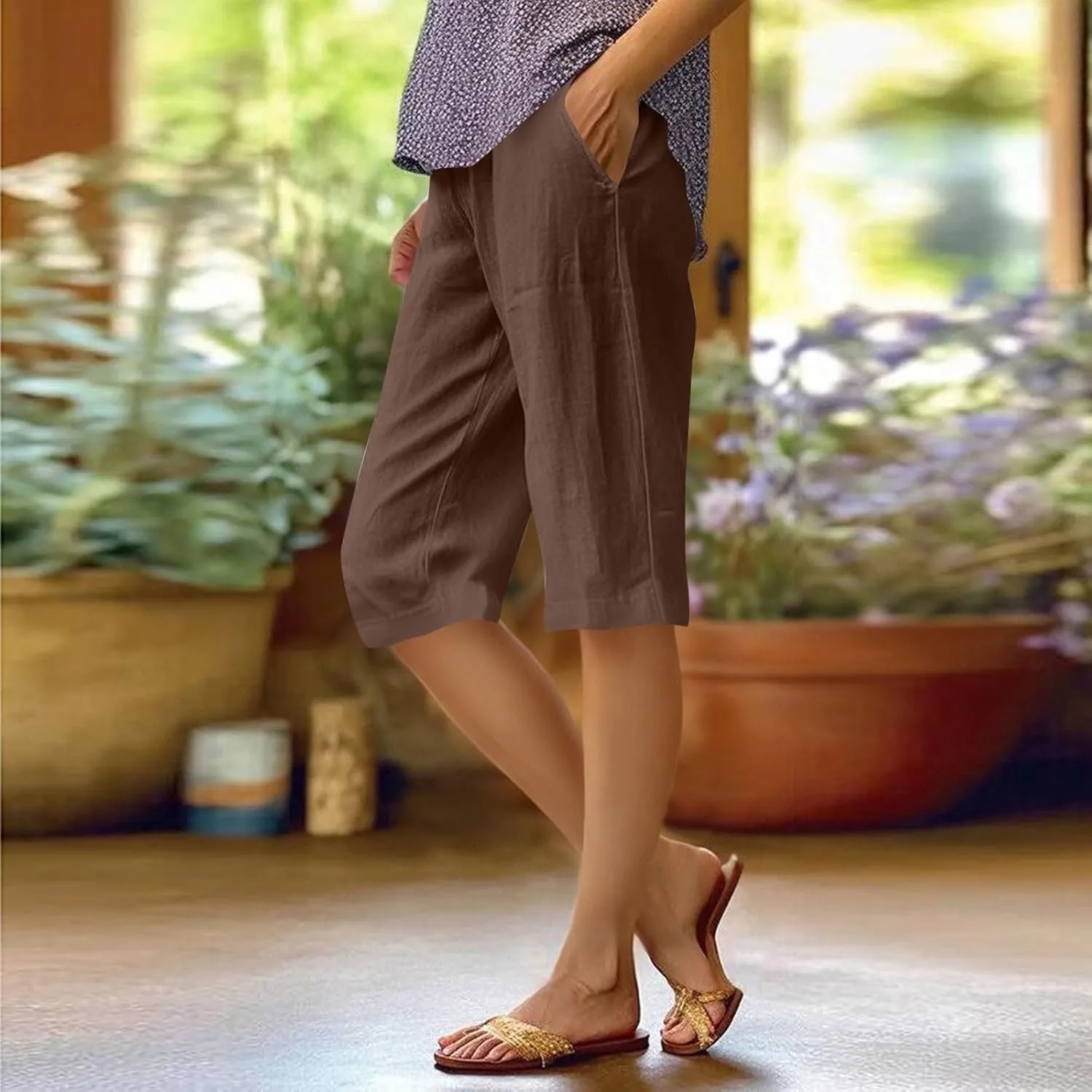 Pedal Pushers for Women Pull On Cotton Linen Bermuda Shorts Knee Length Casual Lightweight Capri Pants with Pocket