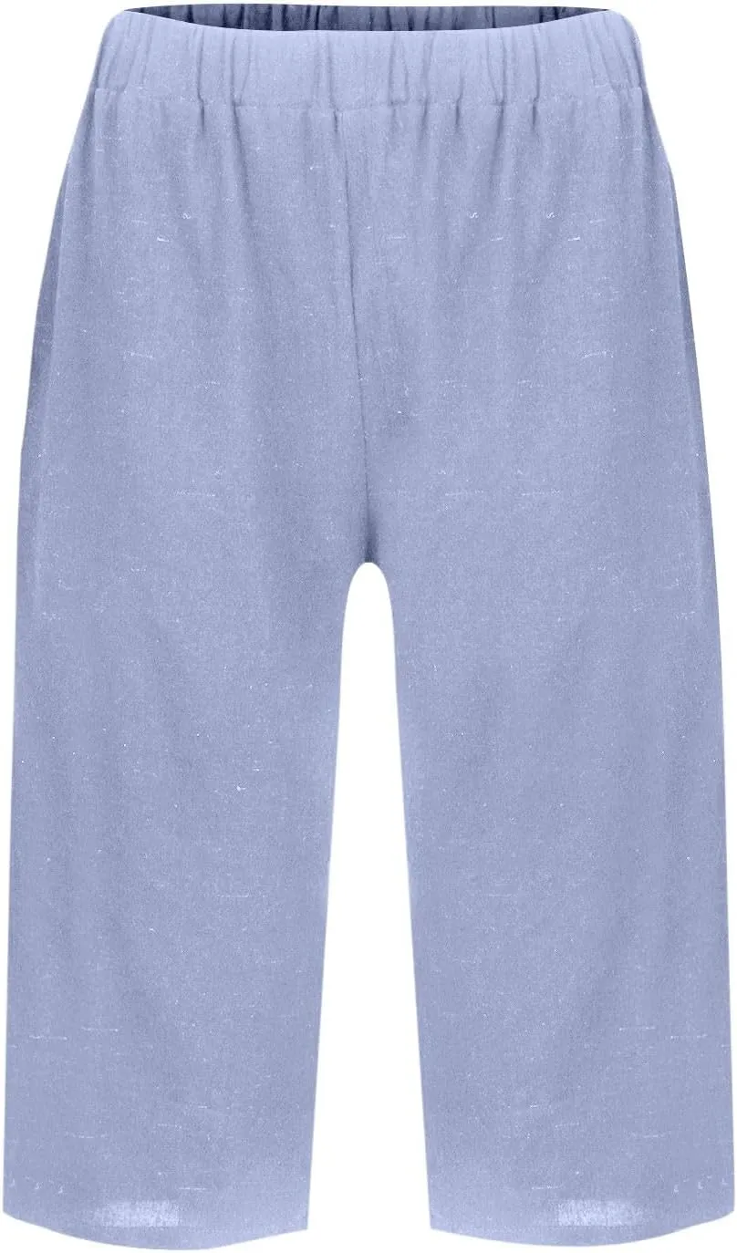 Pedal Pushers for Women Pull On Cotton Linen Bermuda Shorts Knee Length Casual Lightweight Capri Pants with Pocket