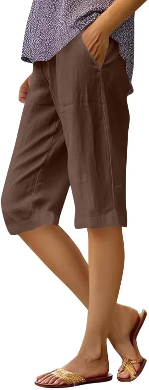 Pedal Pushers for Women Pull On Cotton Linen Bermuda Shorts Knee Length Casual Lightweight Capri Pants with Pocket