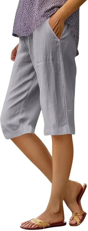 Pedal Pushers for Women Pull On Cotton Linen Bermuda Shorts Knee Length Casual Lightweight Capri Pants with Pocket