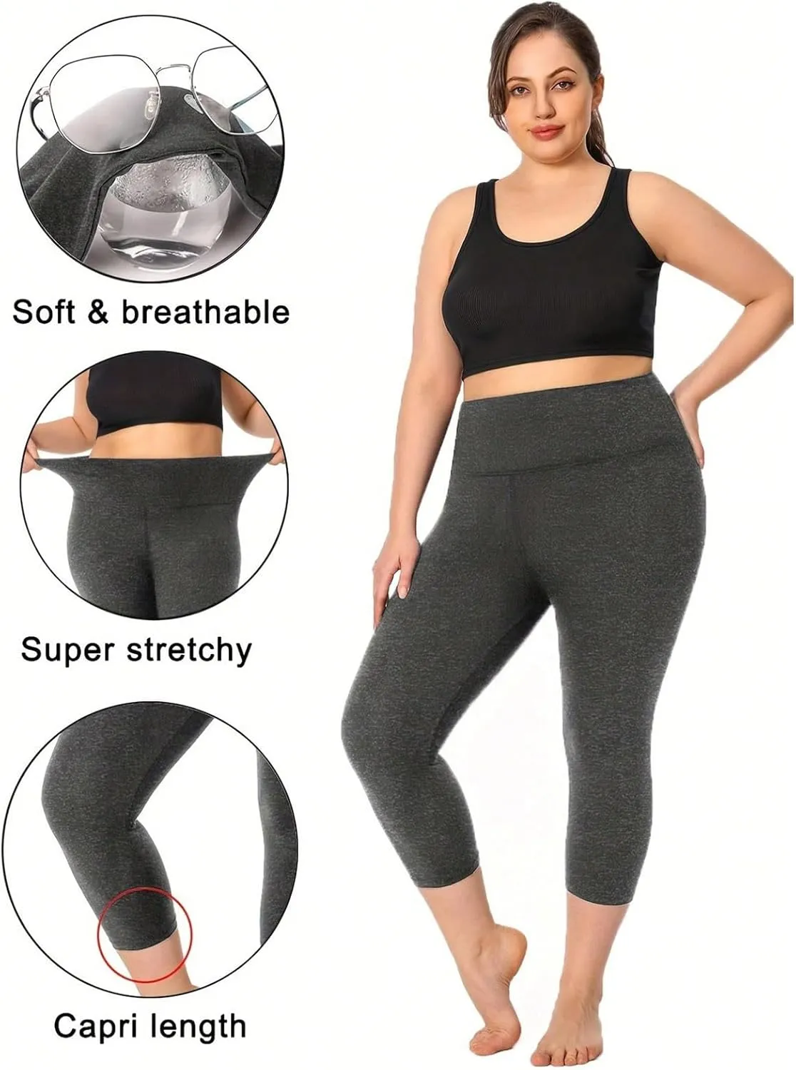 Plus Size Capri Leggings for Curvy Women Stretchy XL-5XL Tummy Control High Waist Workout Yoga Pants Running Shorts