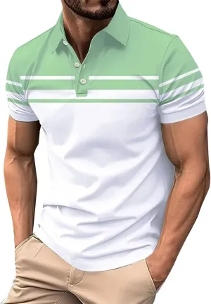 Polo Shirts for Men Moisture Wicking Performance Casual Short Sleeve Golf Shirt Stylish Striped Smart Formal T-Shirts