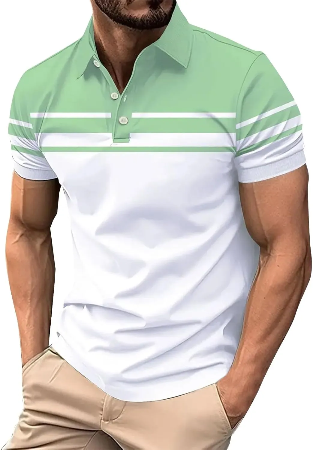Polo Shirts for Men Moisture Wicking Performance Casual Short Sleeve Golf Shirt Stylish Striped Smart Formal T-Shirts