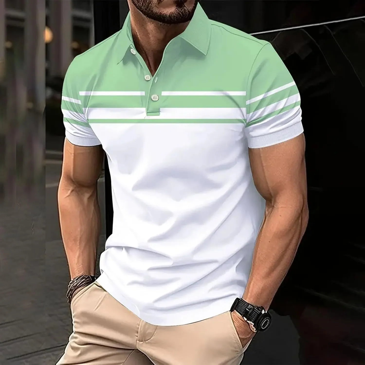 Polo Shirts for Men Moisture Wicking Performance Casual Short Sleeve Golf Shirt Stylish Striped Smart Formal T-Shirts