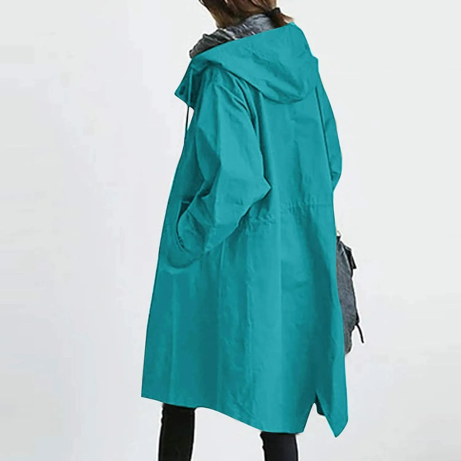 QWENTMTNTY Plus Size Trench Coats for Women Oversized Hooded Long Jackets Casual Fashion Single-Breasted Peacoat Overcoat