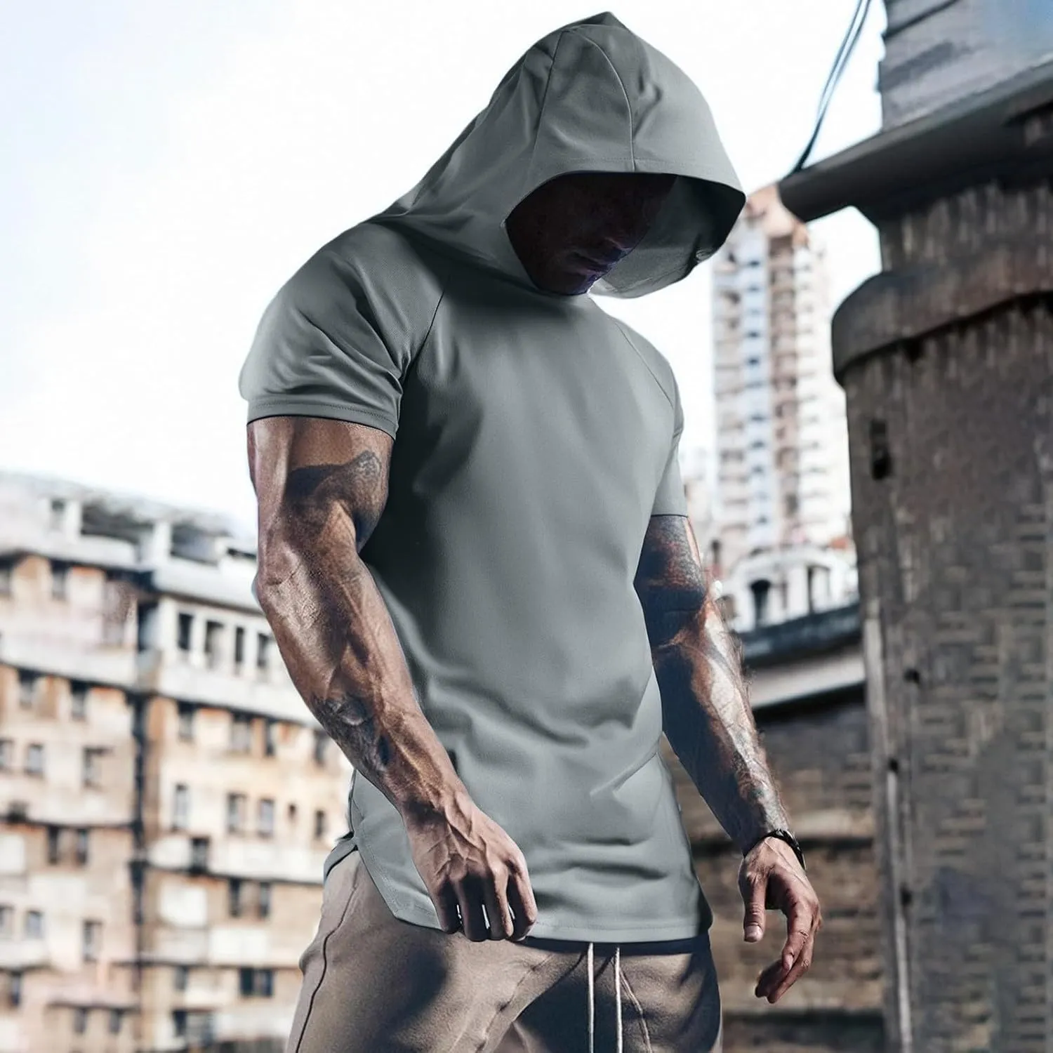 RTTUIOP Short Sleeve Hoodies for Men Workout Gym Athletic Running Shirts Lightweight Moisture Wicking Quick Dry Hoodie