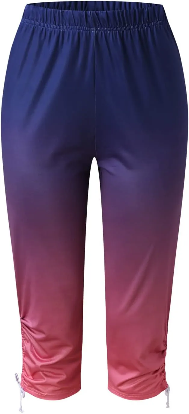Ruziyoog Floral Print Capri Leggings for Women Compression Yoga Pants High Waist Workout Running Fitness Capri Tights