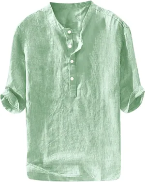 Ryannology Mens Linen Shirts Casual Cotton 3/4 Sleeve Regular-Fit Henley T-Shirt Summer Lightweight Beach Yoga Tops