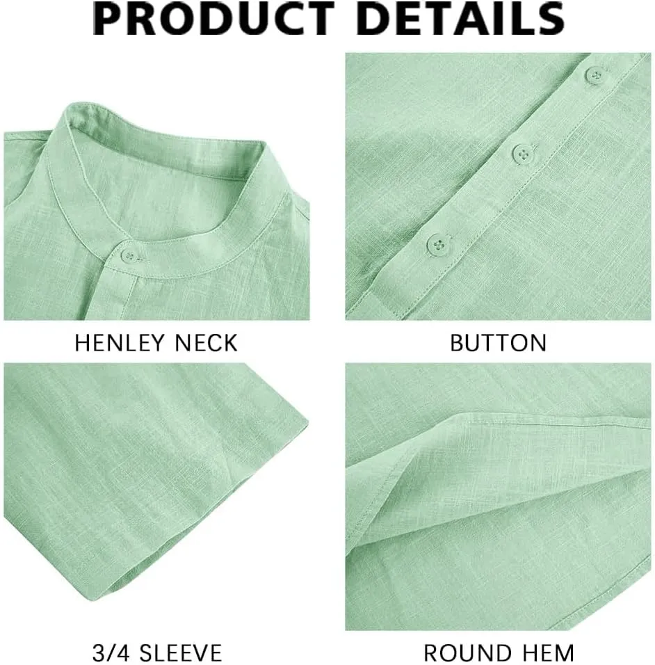 Ryannology Mens Linen Shirts Casual Cotton 3/4 Sleeve Regular-Fit Henley T-Shirt Summer Lightweight Beach Yoga Tops
