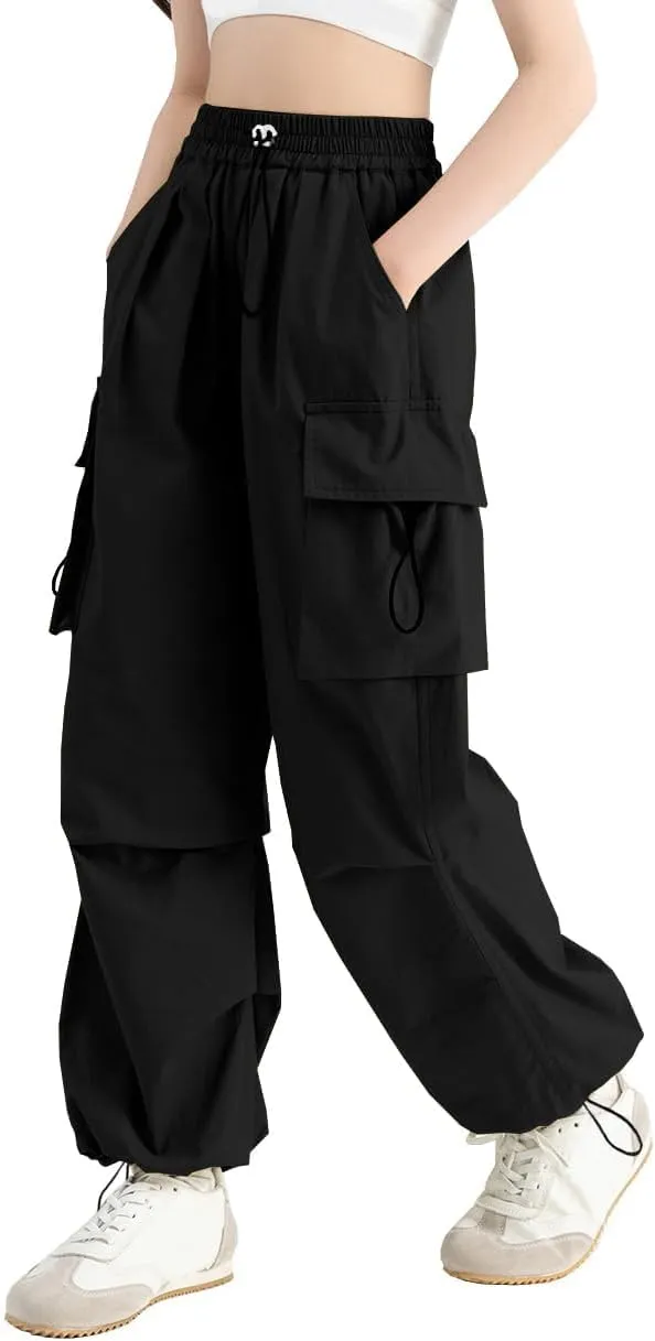 SANGTREE Girls Cargo Pants Lightweight High Elastic Waist Hip Hop Drawstring Pants