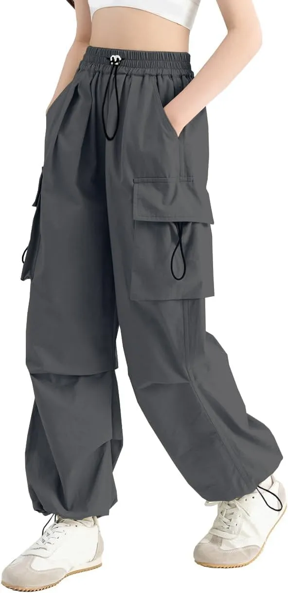 SANGTREE Girls Cargo Pants Lightweight High Elastic Waist Hip Hop Drawstring Pants