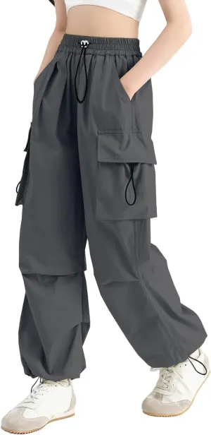 SANGTREE Girls Cargo Pants Lightweight High Elastic Waist Hip Hop Drawstring Pants