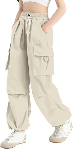 SANGTREE Girls Cargo Pants Lightweight High Elastic Waist Hip Hop Drawstring Pants