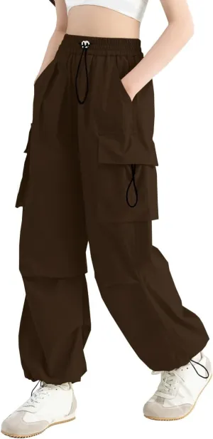 SANGTREE Girls Cargo Pants Lightweight High Elastic Waist Hip Hop Drawstring Pants