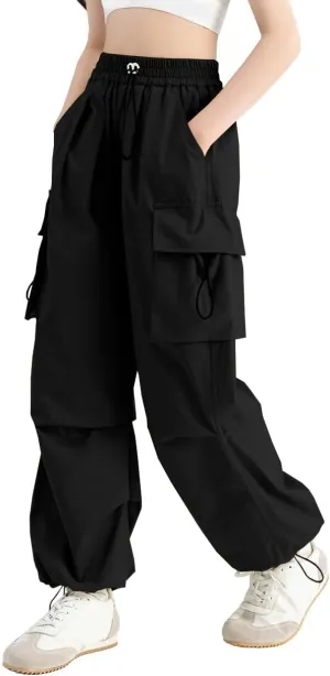 SANGTREE Girls Cargo Pants Lightweight High Elastic Waist Hip Hop Drawstring Pants