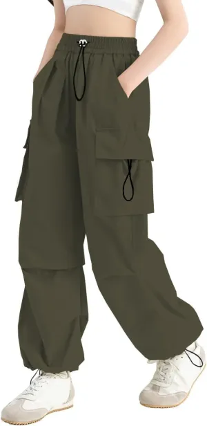 SANGTREE Girls Cargo Pants Lightweight High Elastic Waist Hip Hop Drawstring Pants