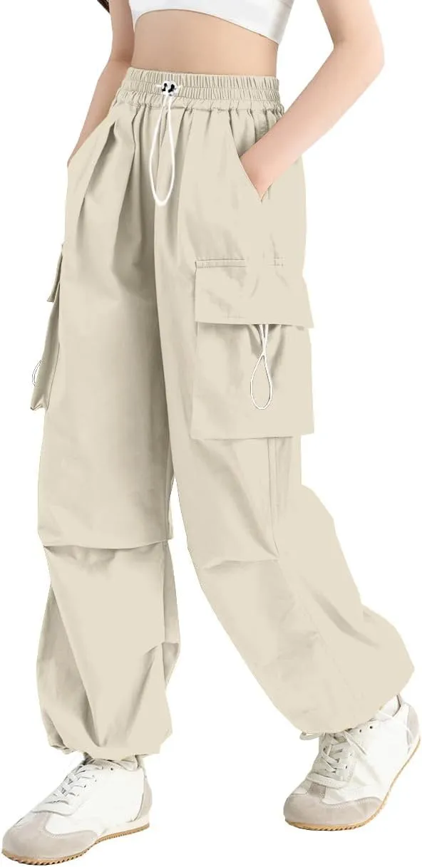 SANGTREE Girls Cargo Pants Lightweight High Elastic Waist Hip Hop Drawstring Pants