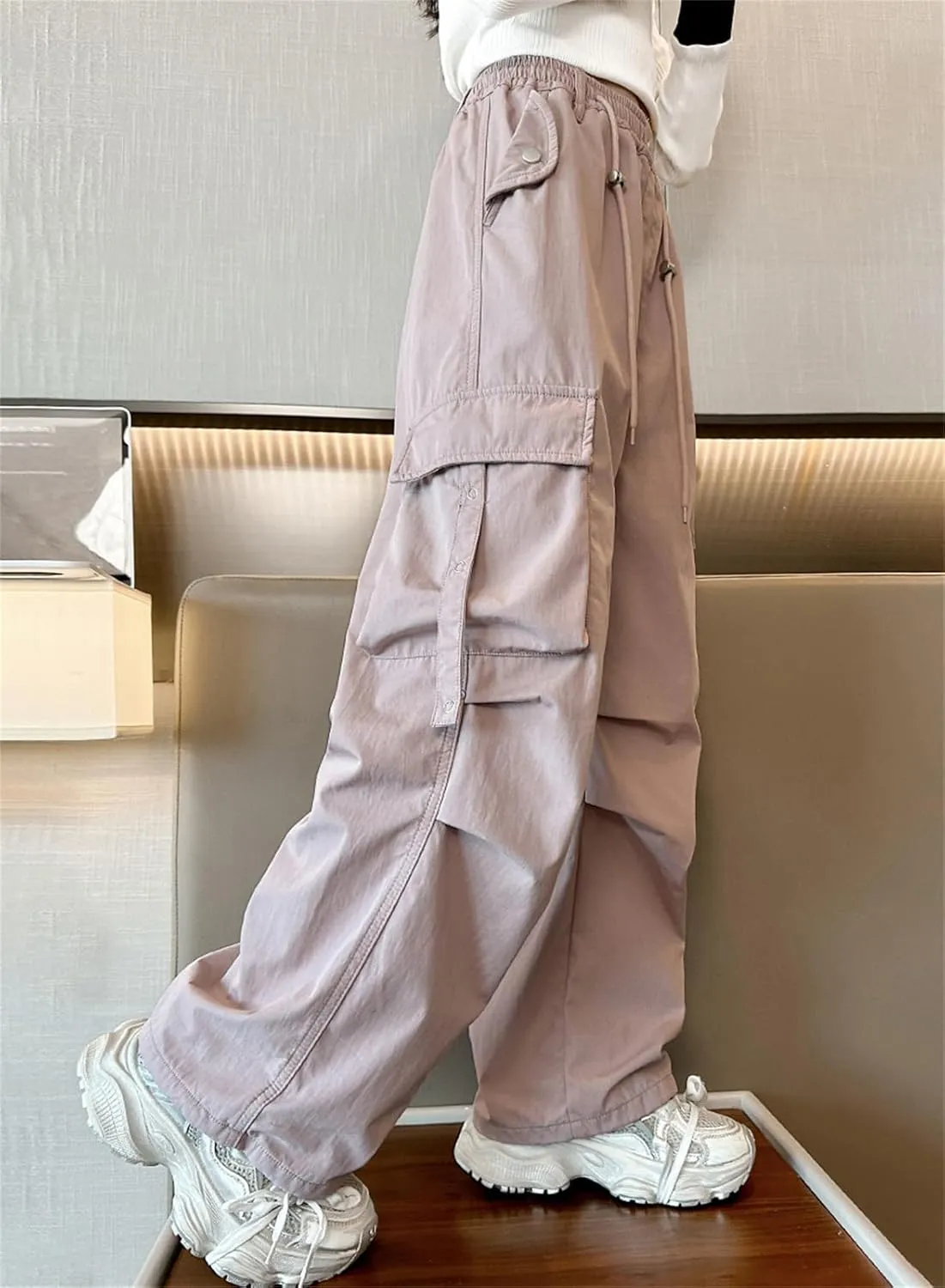 SANGTREE Girls' Vintage Multi-Pocket Cargo Pants Elastic Waist Front Pleated Trousers, 4-14 Years