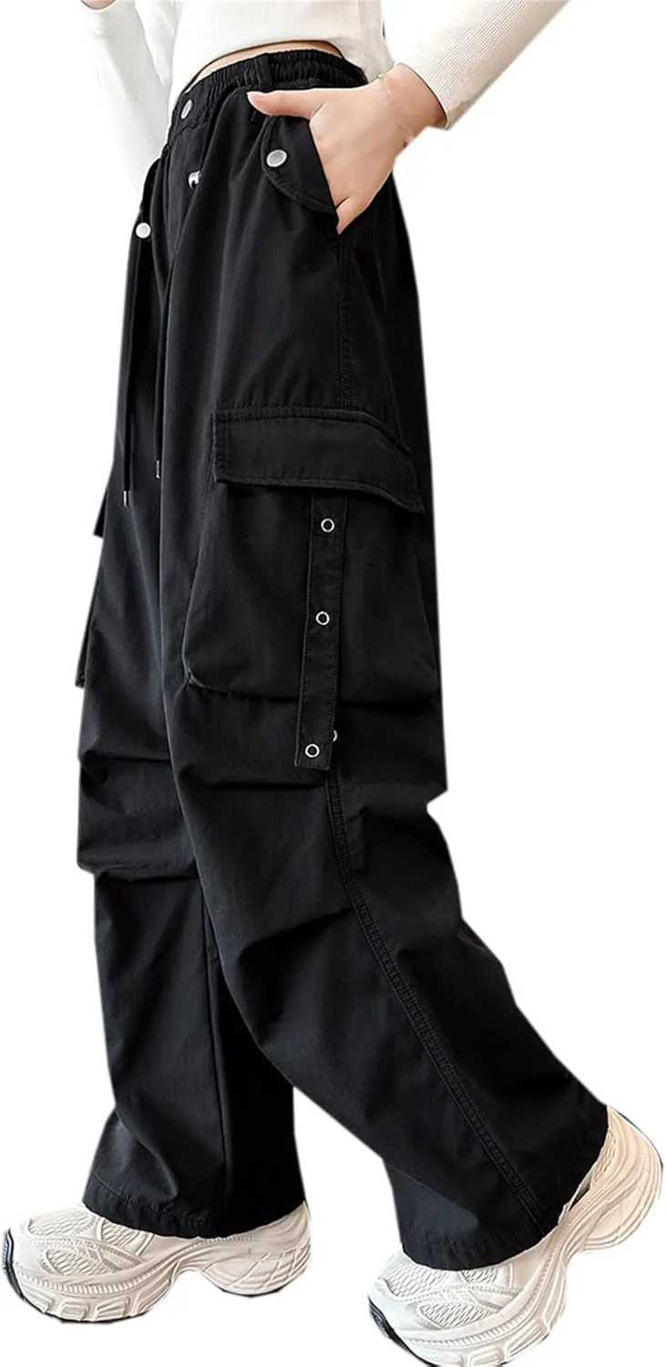 SANGTREE Girls' Vintage Multi-Pocket Cargo Pants Elastic Waist Front Pleated Trousers, 4-14 Years