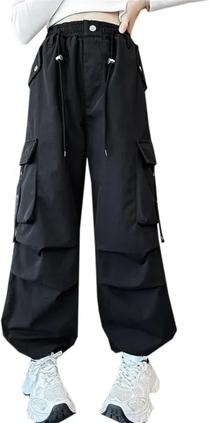 SANGTREE Girls' Vintage Multi-Pocket Cargo Pants Elastic Waist Front Pleated Trousers, 4-14 Years