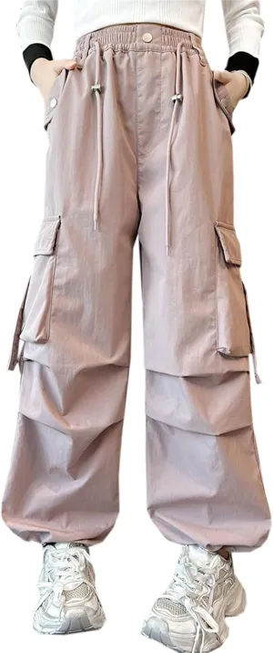 SANGTREE Girls' Vintage Multi-Pocket Cargo Pants Elastic Waist Front Pleated Trousers, 4-14 Years