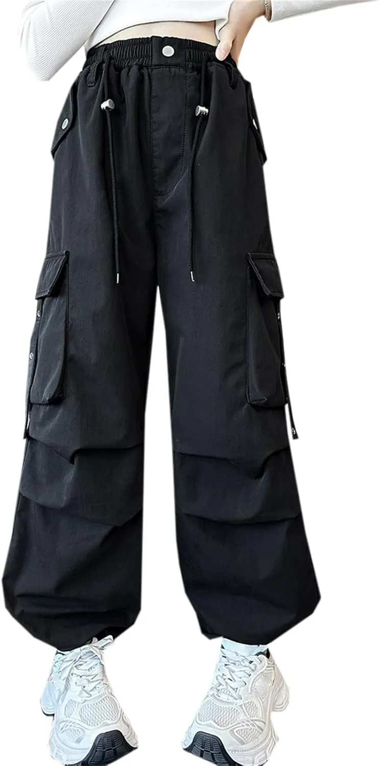 SANGTREE Girls' Vintage Multi-Pocket Cargo Pants Elastic Waist Front Pleated Trousers, 4-14 Years