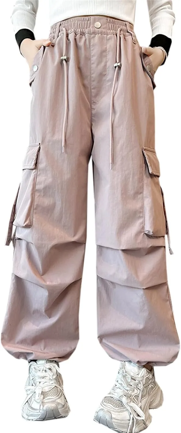 SANGTREE Girls' Vintage Multi-Pocket Cargo Pants Elastic Waist Front Pleated Trousers, 4-14 Years