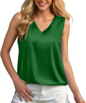 Satin Silk Tank Tops for Women V Neck Casual Summer Sleeveless Loose Fit Trendy Comfy Beach Vacation Clothes