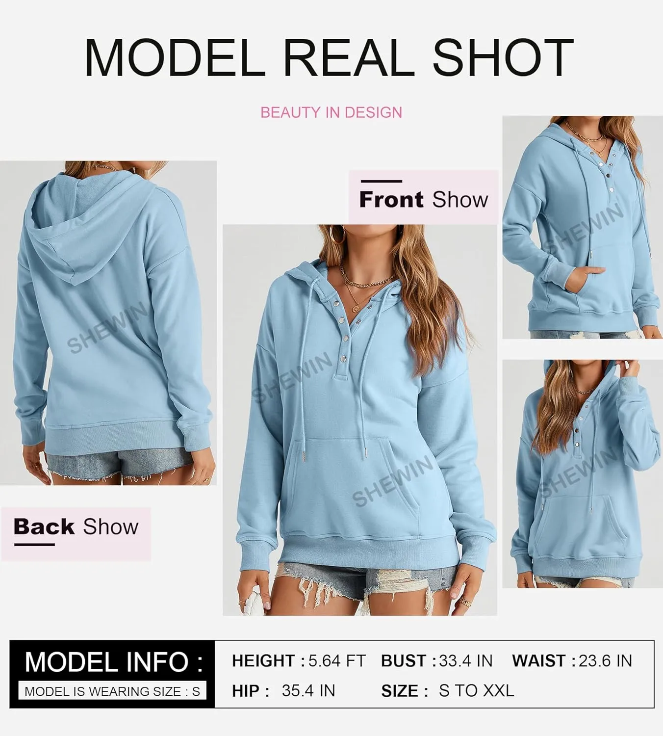 SHEWIN Women's Casual Hoodies Long Sleeve Solid Lightweight Pullover Tops Loose Sweatshirt with Pocket
