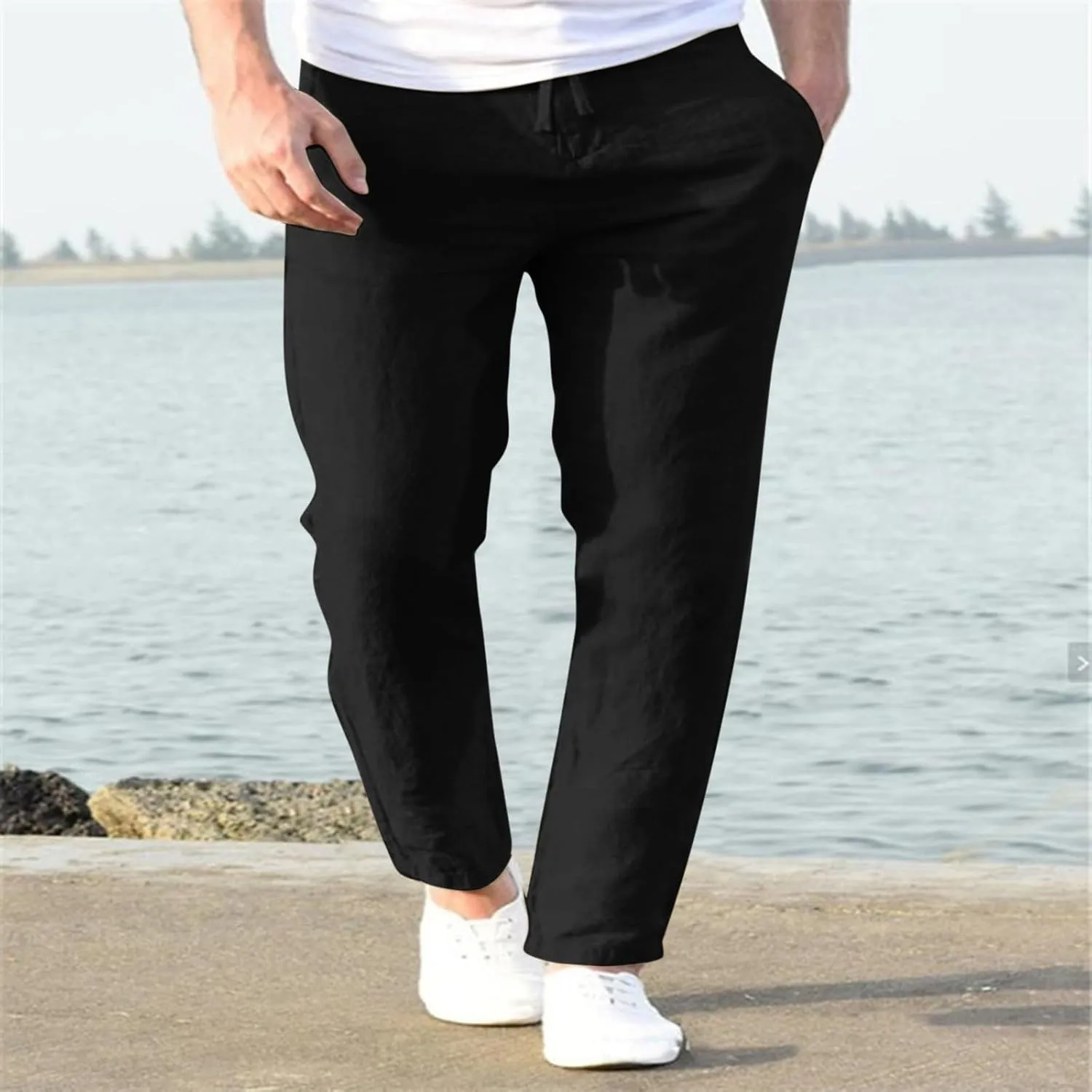 Summer Linen Pants for Men Solid Color Elastic Waist Trouser Casual Drawstring Baggy Pant Outdoor Daily Thin Trousers