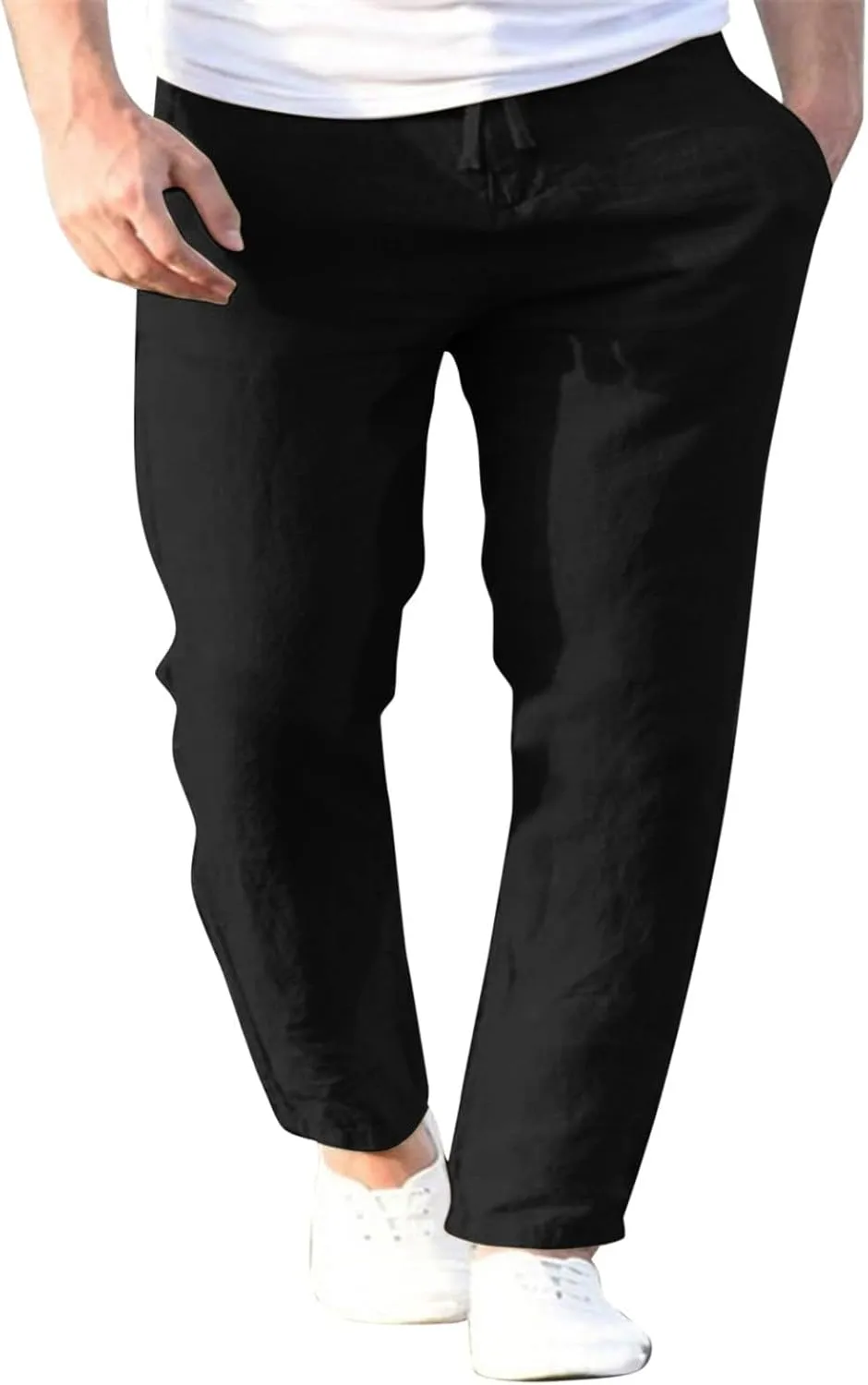 Summer Linen Pants for Men Solid Color Elastic Waist Trouser Casual Drawstring Baggy Pant Outdoor Daily Thin Trousers