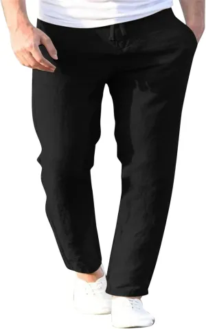Summer Linen Pants for Men Solid Color Elastic Waist Trouser Casual Drawstring Baggy Pant Outdoor Daily Thin Trousers