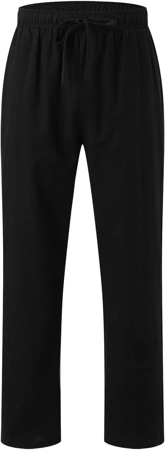 Summer Linen Pants for Men Solid Color Elastic Waist Trouser Casual Drawstring Baggy Pant Outdoor Daily Thin Trousers