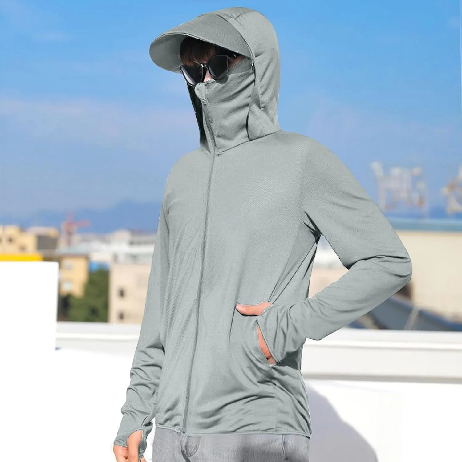 Sun Shirts for Men Hooded UPF 50  Fishing Shirt SPF UV Sun Hoodie Rash Guard Long Sleeve Outdoor Hiking Swim Shirts