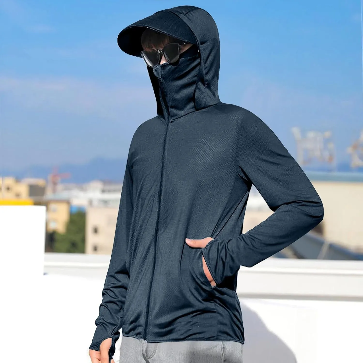 Sun Shirts for Men Hooded UPF 50  Fishing Shirt SPF UV Sun Hoodie Rash Guard Long Sleeve Outdoor Hiking Swim Shirts