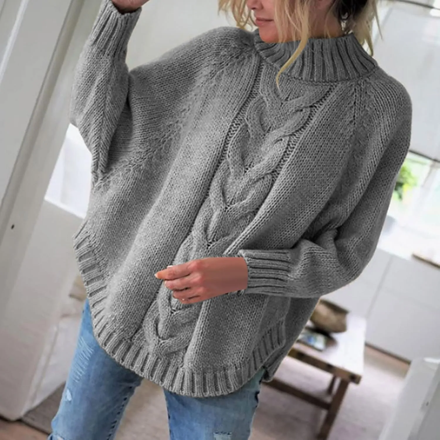 Sweaters for Women Oversized Cable Knitted Sweater Long Sleeve Mockneck Jumper Pullover Tops Streetwear for Fall