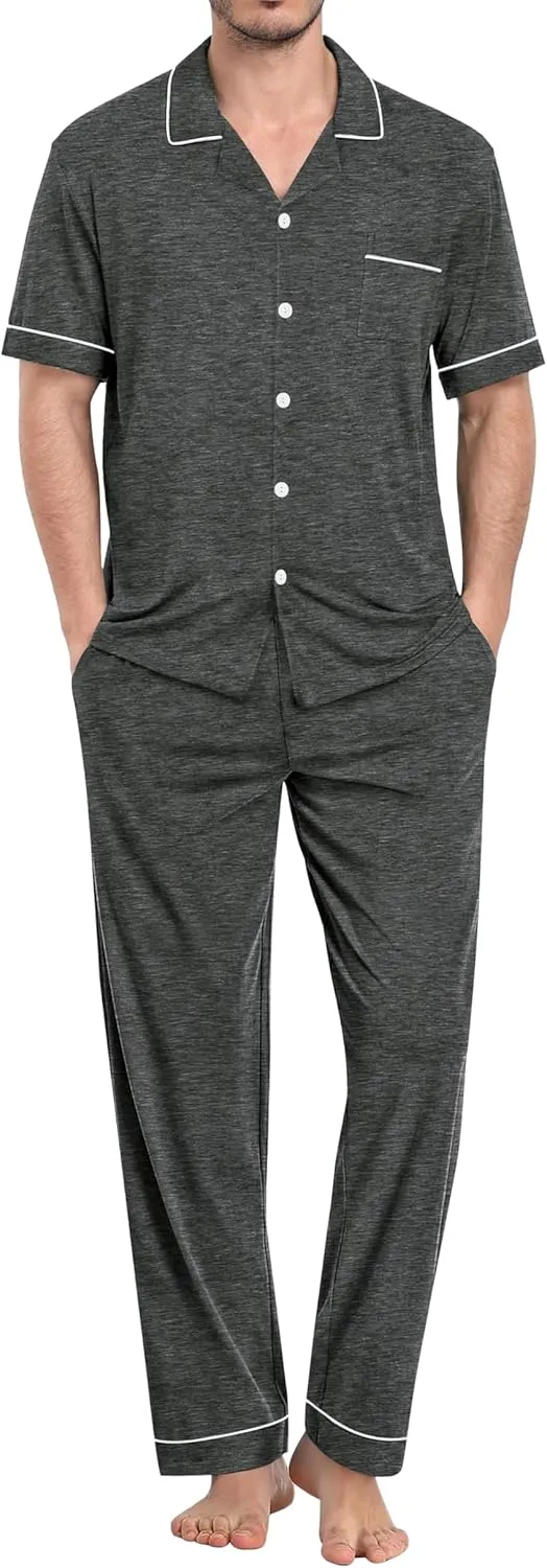 SWOMOG Mens Pajama Sets Short Sleeve Sleepwear Button Down Loungewear Soft Modal Lounge Pjs with Pockets S-XXL