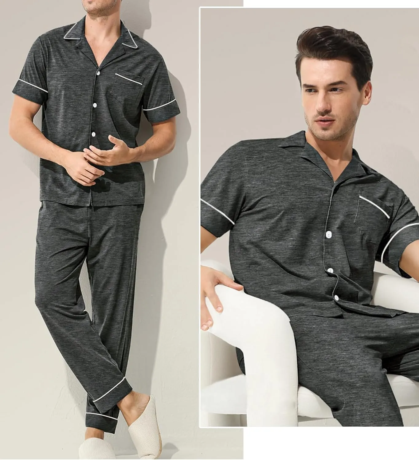 SWOMOG Mens Pajama Sets Short Sleeve Sleepwear Button Down Loungewear Soft Modal Lounge Pjs with Pockets S-XXL