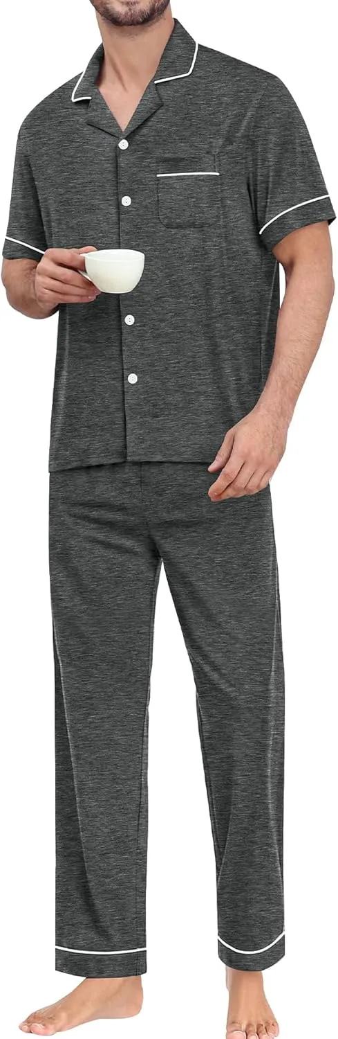 SWOMOG Mens Pajama Sets Short Sleeve Sleepwear Button Down Loungewear Soft Modal Lounge Pjs with Pockets S-XXL