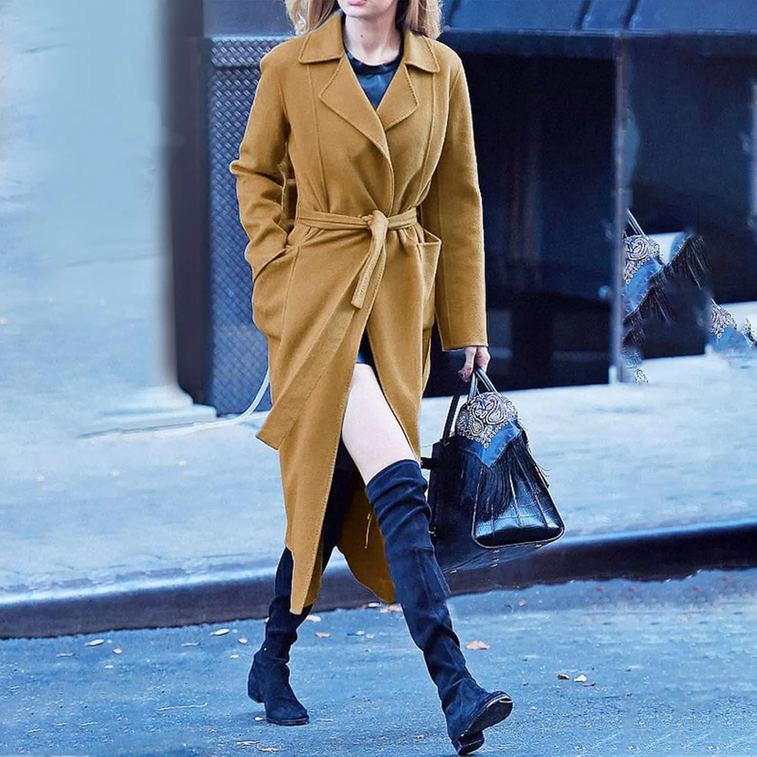 Trench Coat for Women 2024 Wool Blend Warm Winter Jackets Notch Lapel Mid-Long Open Front Pea Coat With Belt