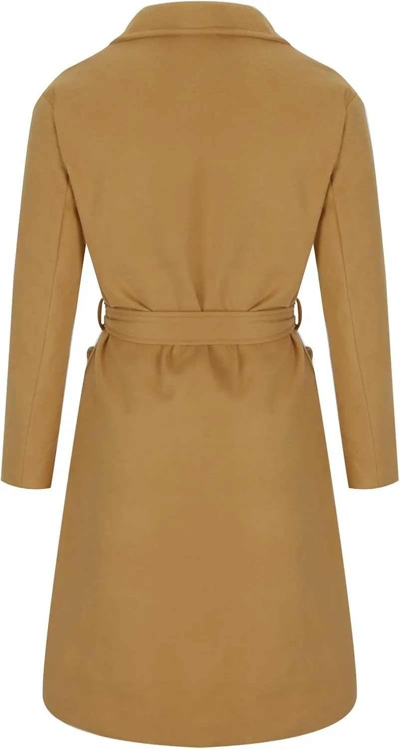 Trench Coat for Women 2024 Wool Blend Warm Winter Jackets Notch Lapel Mid-Long Open Front Pea Coat With Belt