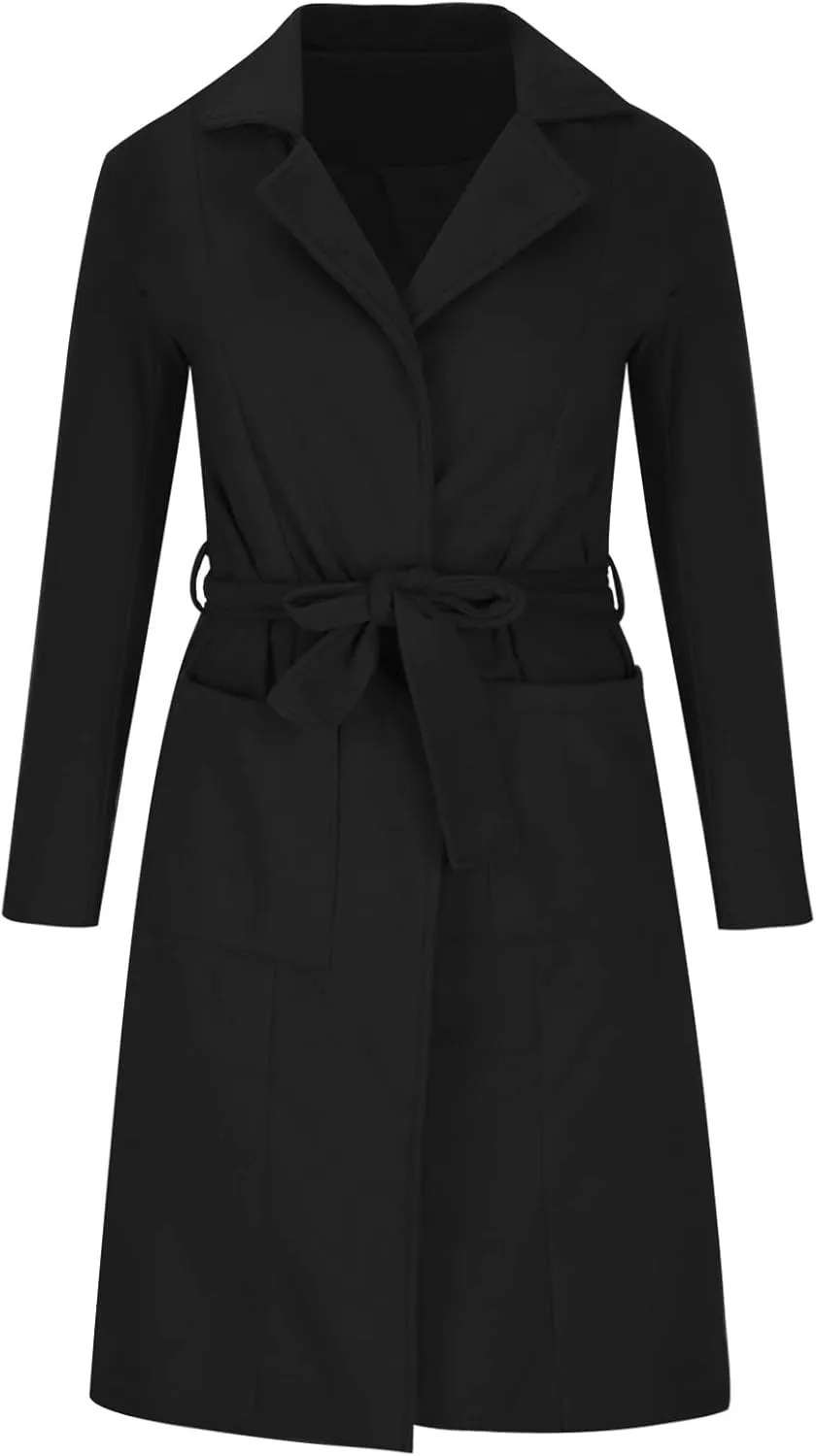 Trench Coat for Women 2024 Wool Blend Warm Winter Jackets Notch Lapel Mid-Long Open Front Pea Coat With Belt