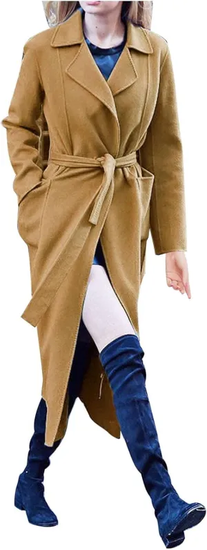 Trench Coat for Women 2024 Wool Blend Warm Winter Jackets Notch Lapel Mid-Long Open Front Pea Coat With Belt
