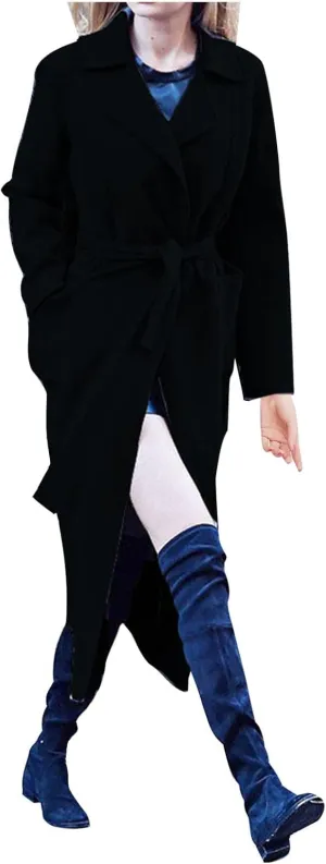Trench Coat for Women 2024 Wool Blend Warm Winter Jackets Notch Lapel Mid-Long Open Front Pea Coat With Belt