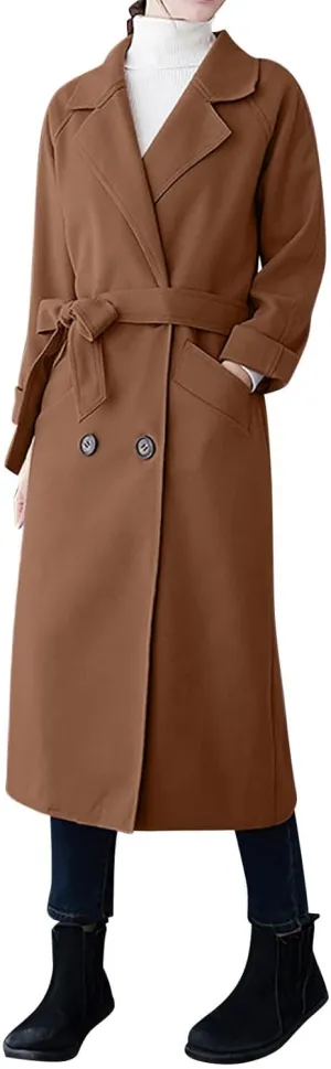 Trench Coat Women Double Breasted Lapel Collar Pea Coats Plus Size Long Winter Coats Casual Overcoat with Belt
