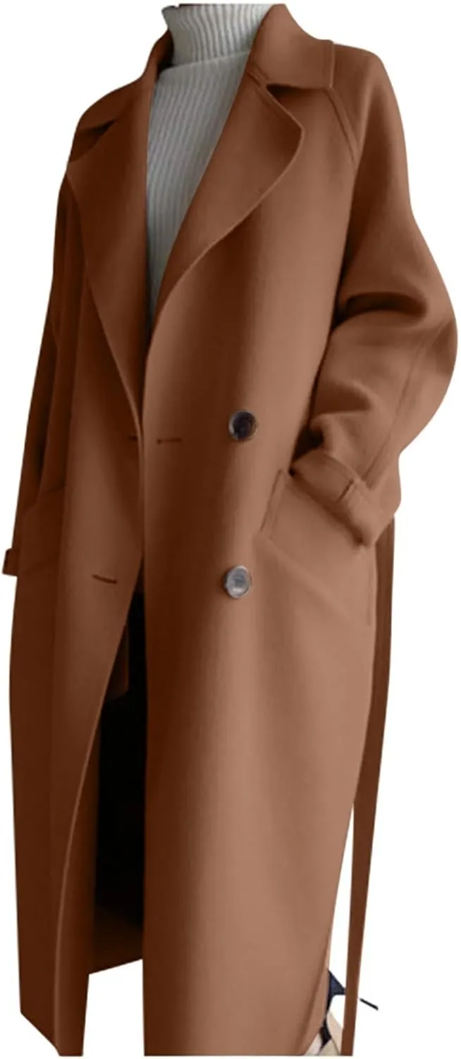 Trench Coat Women Double Breasted Lapel Collar Pea Coats Plus Size Long Winter Coats Casual Overcoat with Belt