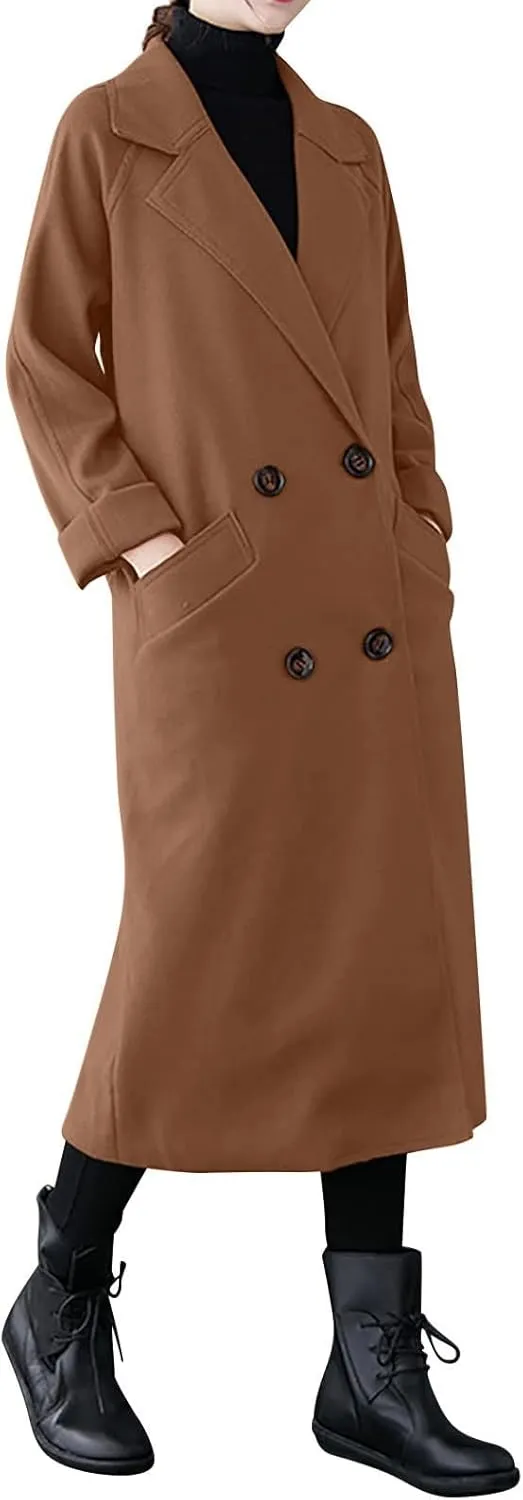 Trench Coat Women Double Breasted Lapel Collar Pea Coats Plus Size Long Winter Coats Casual Overcoat with Belt