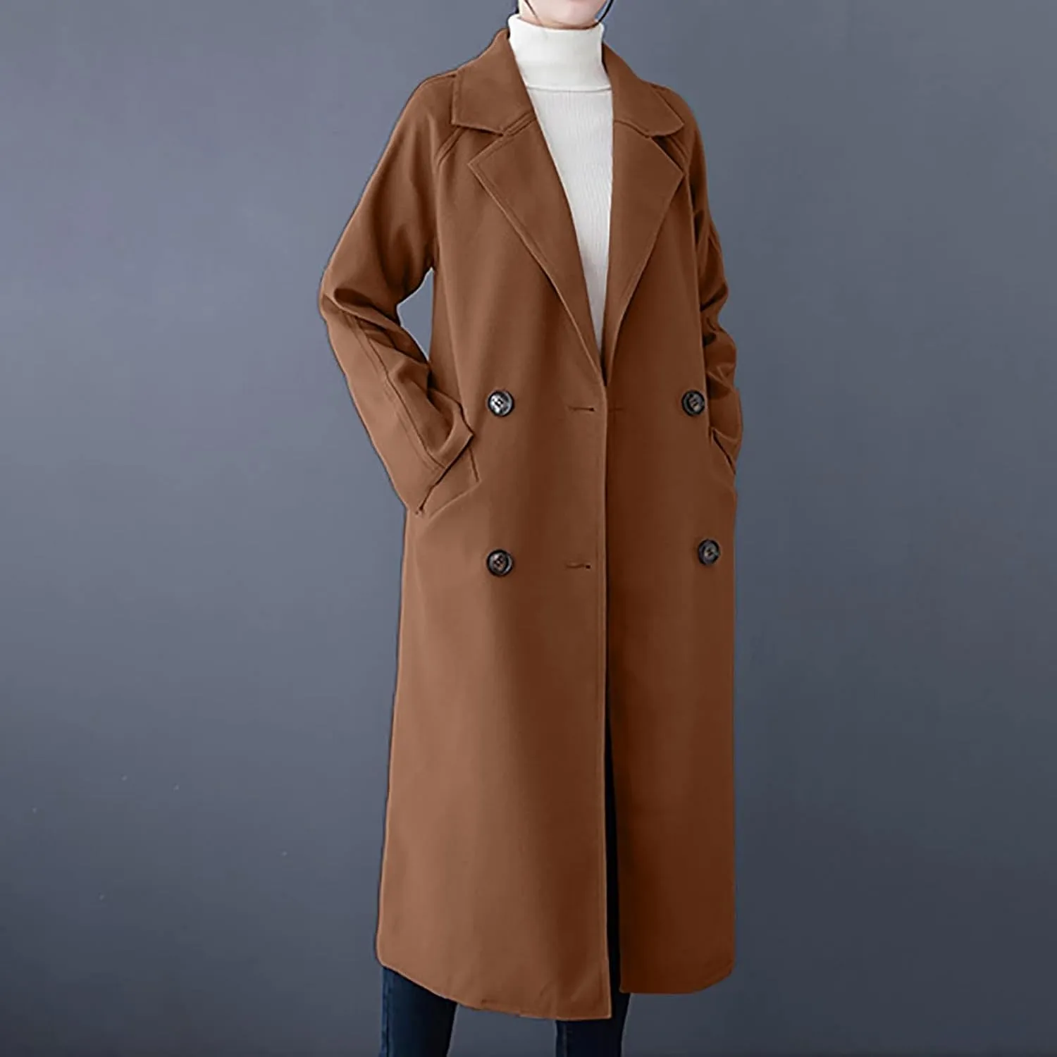 Trench Coat Women Double Breasted Lapel Collar Pea Coats Plus Size Long Winter Coats Casual Overcoat with Belt